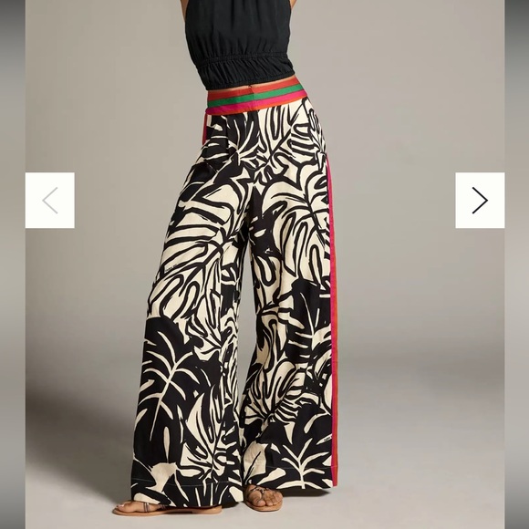 FARM Rio Pants - FARM Rio Black & Cream Tropical Wide-Leg Pants with Striped Waistband
